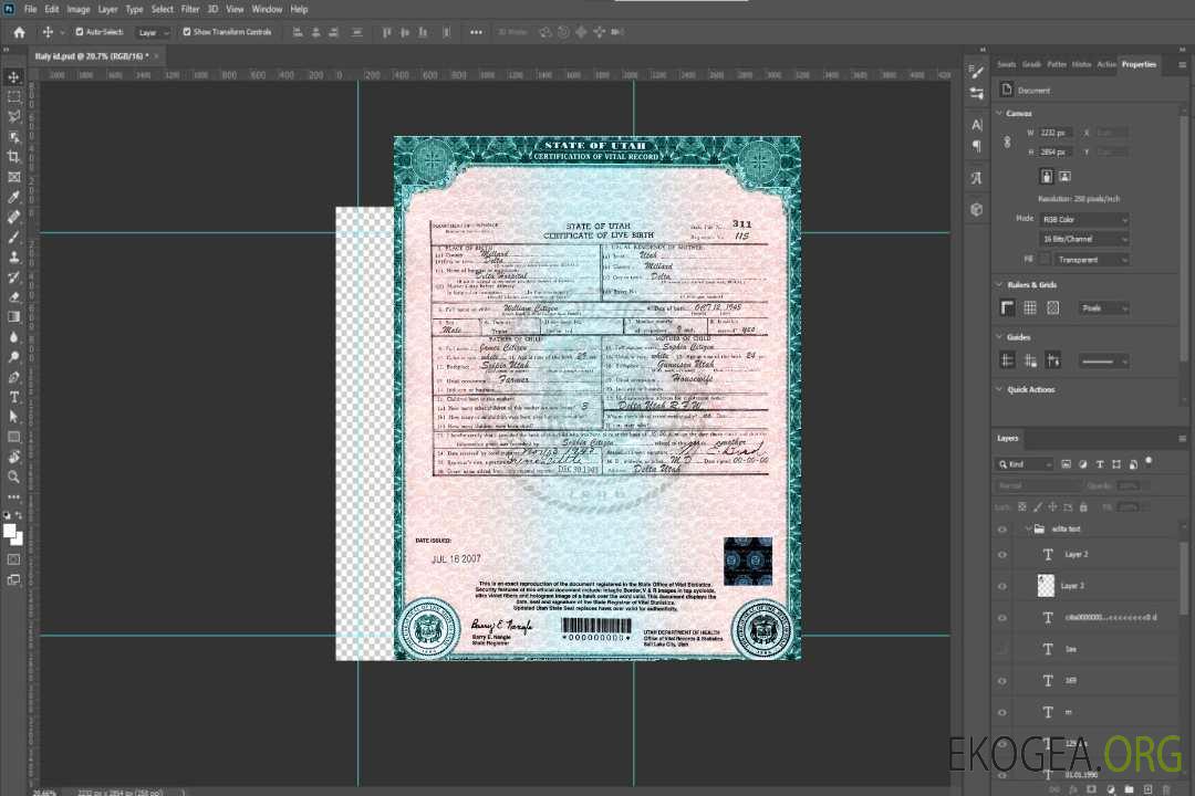 Modèle de certificat de naissance de l'État de l'Utah aux États-Unis au format PSD template Modèle de certificat de naissance de l'État de l'Utah aux États-Unis au format PSD template